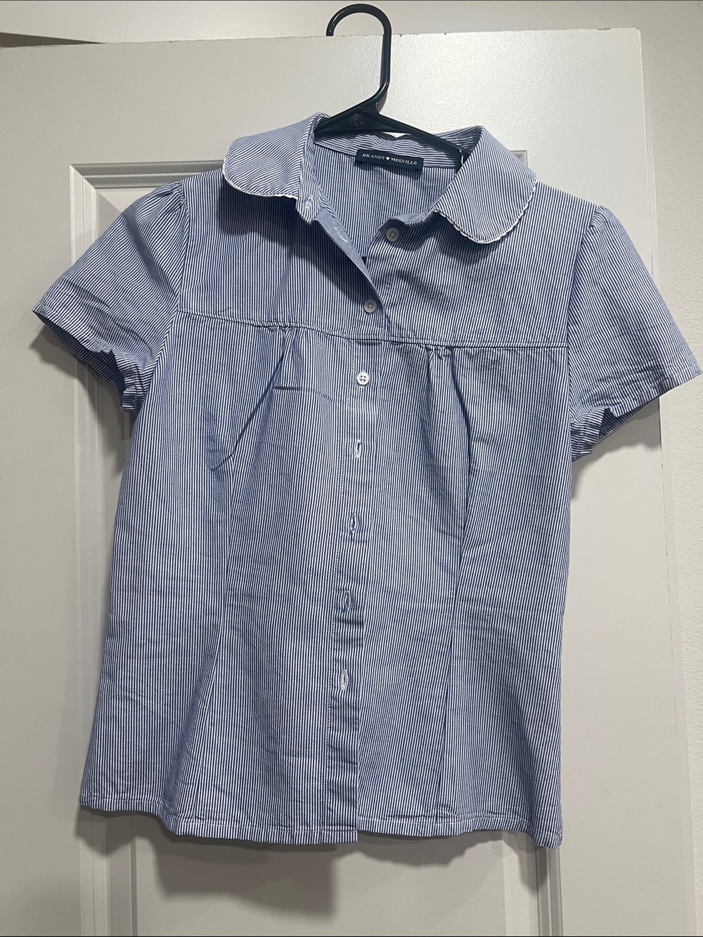 Brandy Melville Blue and White Pinstripe Button-Down Short Sleeve Top
